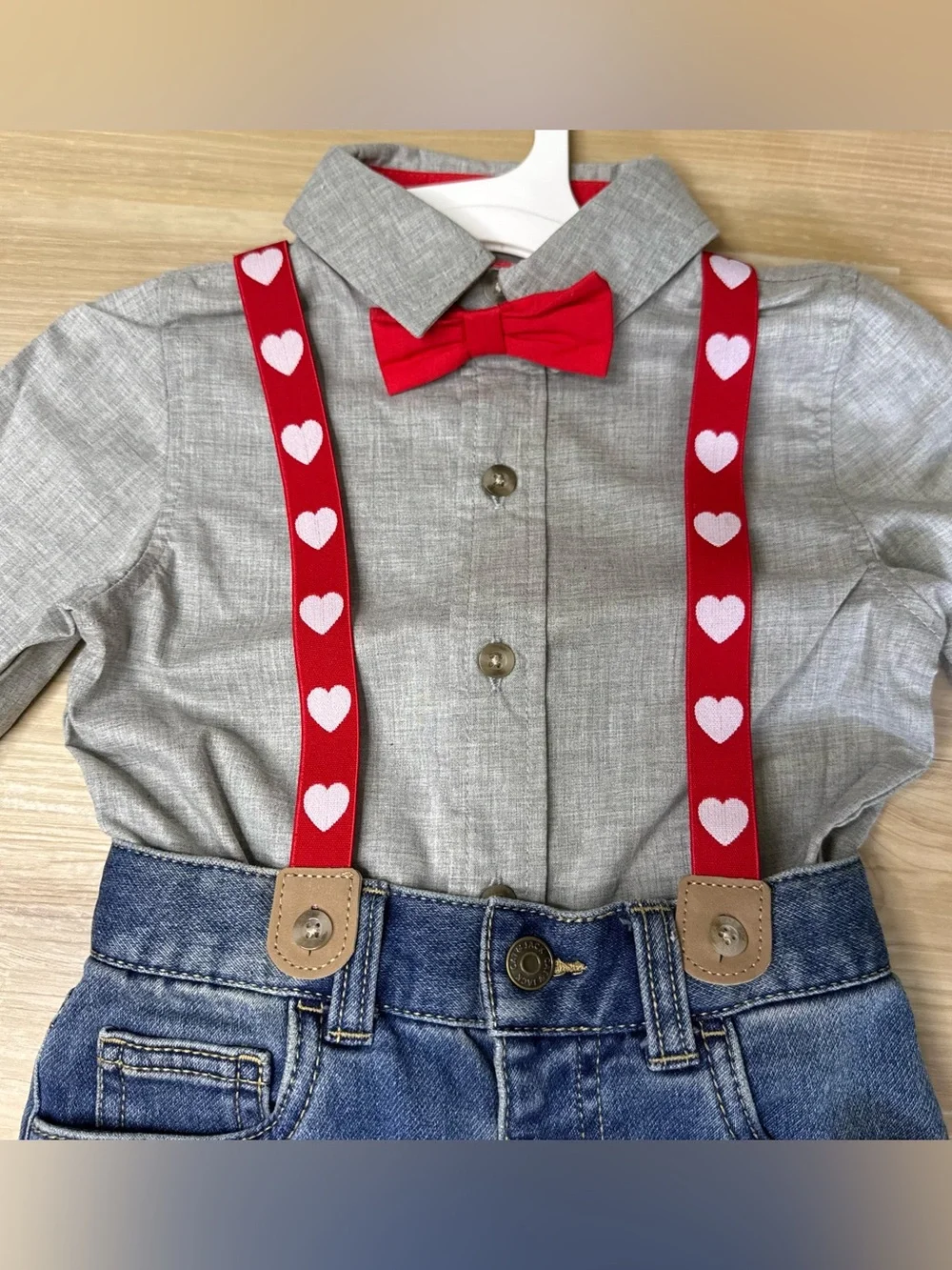 Cat & Jack Toddler Boys Heart Suspender Gray Valentines outfit